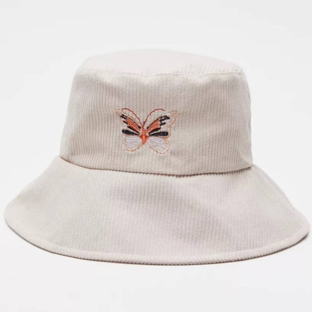 Urban Outfitters Monarch Butterfly Corduroy Bucket Hat Cream